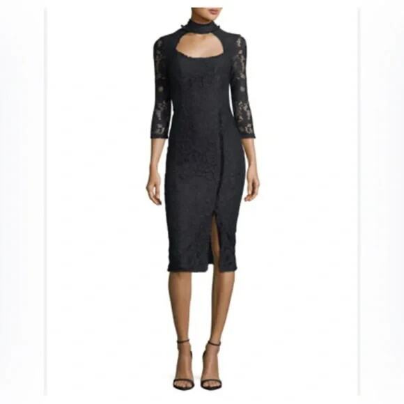 Alexis Fiorenza Midi Lace Dress 3/4 Sleeve Black Ruffled Sheath Cut Out XS - Picture 4 of 11